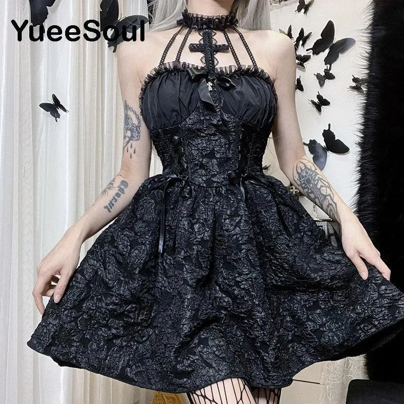 Gothic Lace Trim High Waist Bodycon Mini Dress