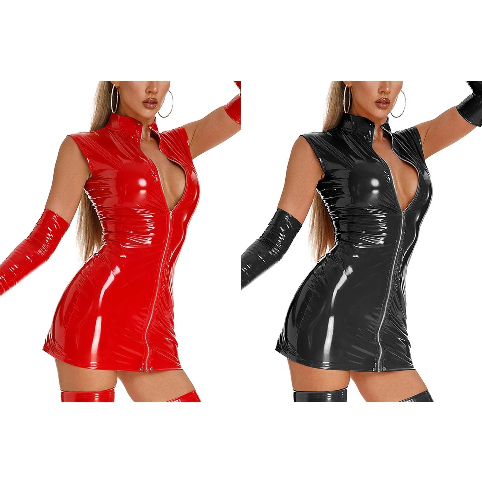 Gothic PU LeatherZipper Sleeveless Patent Leather Bodycon Mini Dress