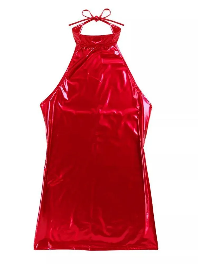 Halter Backless Wet Look PVC PU Leather Hot Tight Dress