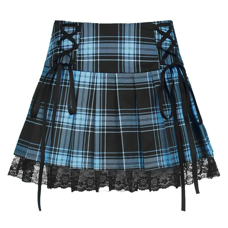 High Waist Lace Plaid Pleated Gothic Mini Skirt