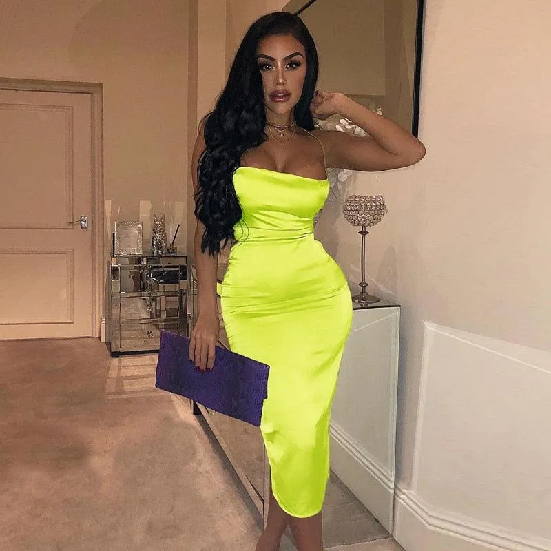 Hugcitar Satin Slip High Waist Neon Backless Sexy Bodycon Midi Dress