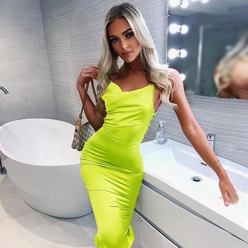 Hugcitar Satin Slip High Waist Neon Backless Sexy Bodycon Midi Dress