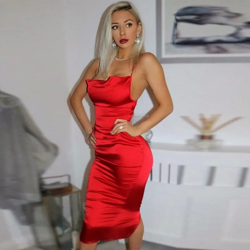 Hugcitar Satin Slip High Waist Neon Backless Sexy Bodycon Midi Dress