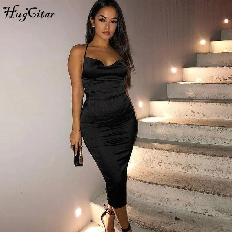 Hugcitar Satin Slip High Waist Neon Backless Sexy Bodycon Midi Dress