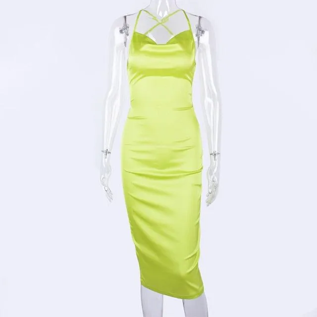 Hugcitar Satin Slip High Waist Neon Backless Sexy Bodycon Midi Dress