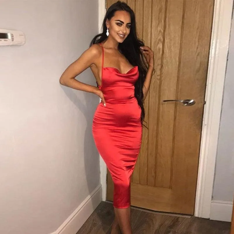 Hugcitar Satin Slip High Waist Neon Backless Sexy Bodycon Midi Dress