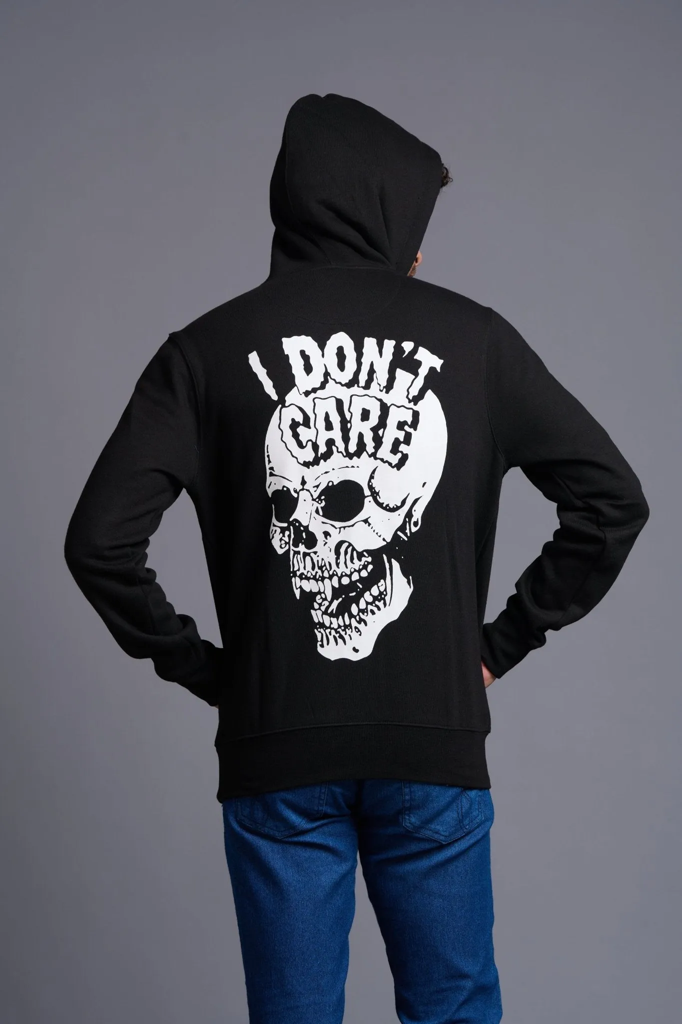 I Don't Care With Skull Printed Black Hoodie for Men