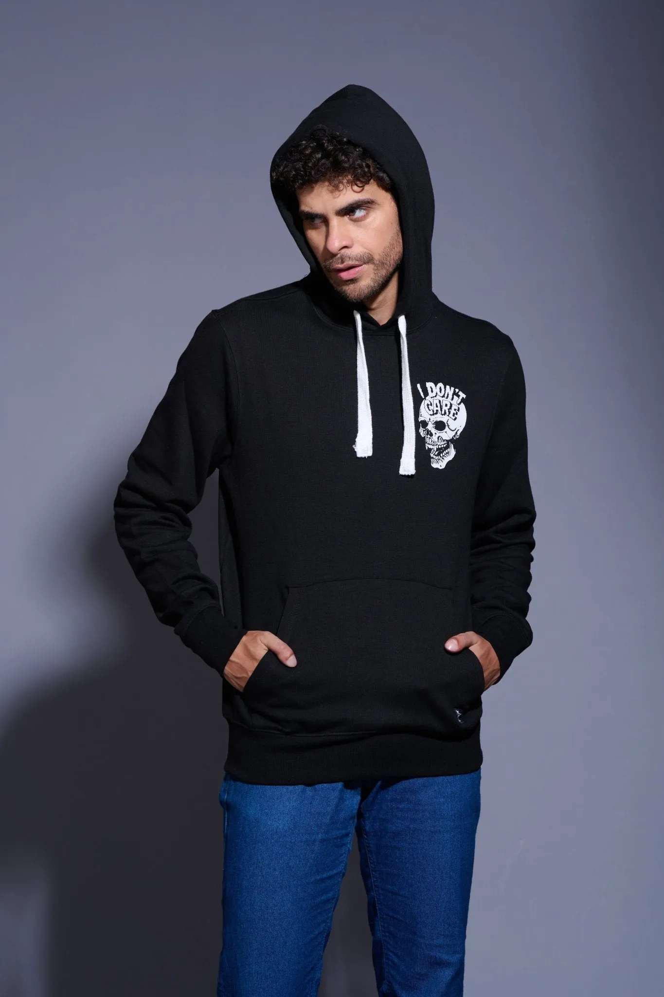 I Don't Care With Skull Printed Black Hoodie for Men