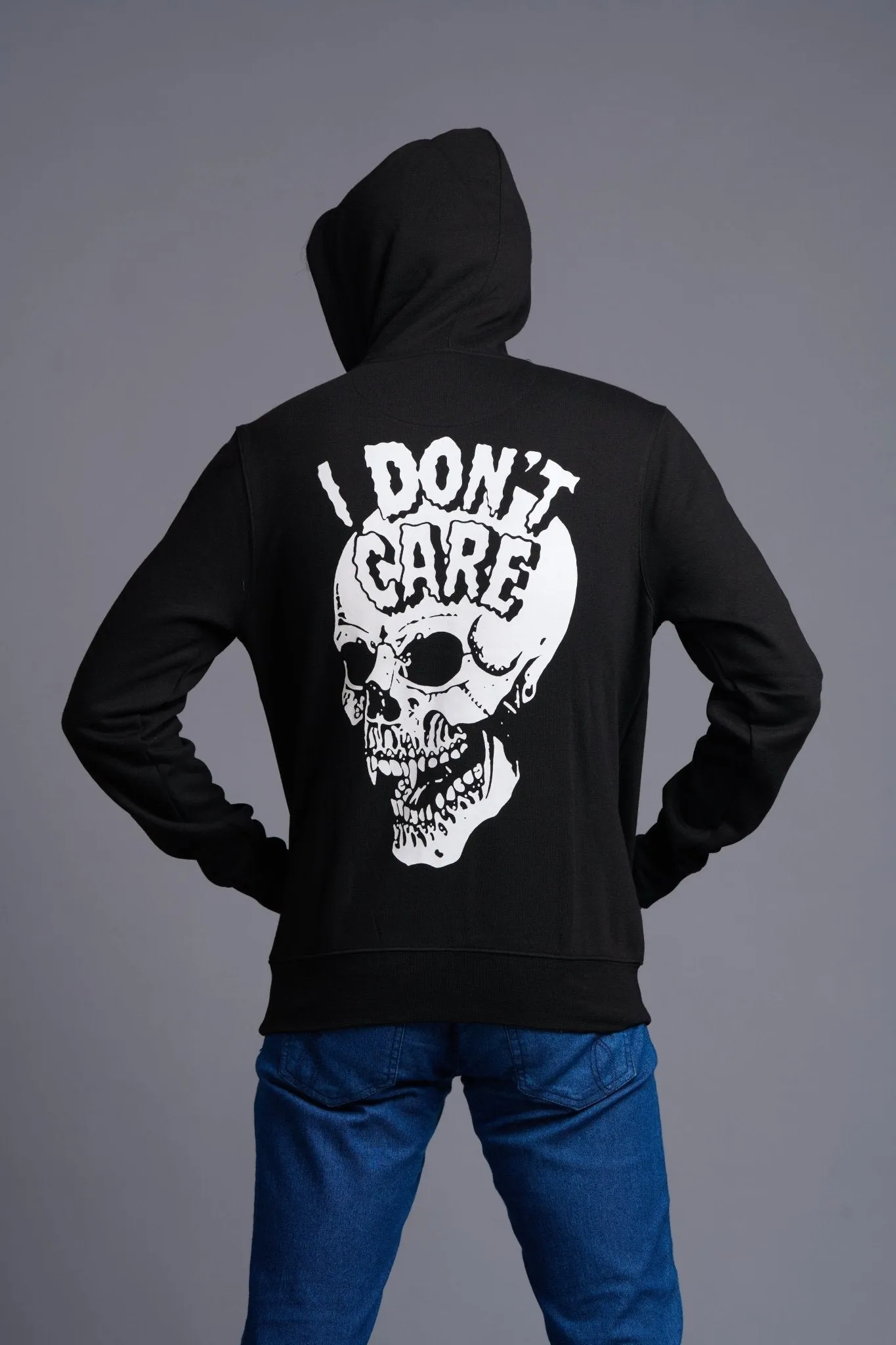 I Don't Care With Skull Printed Black Hoodie for Men