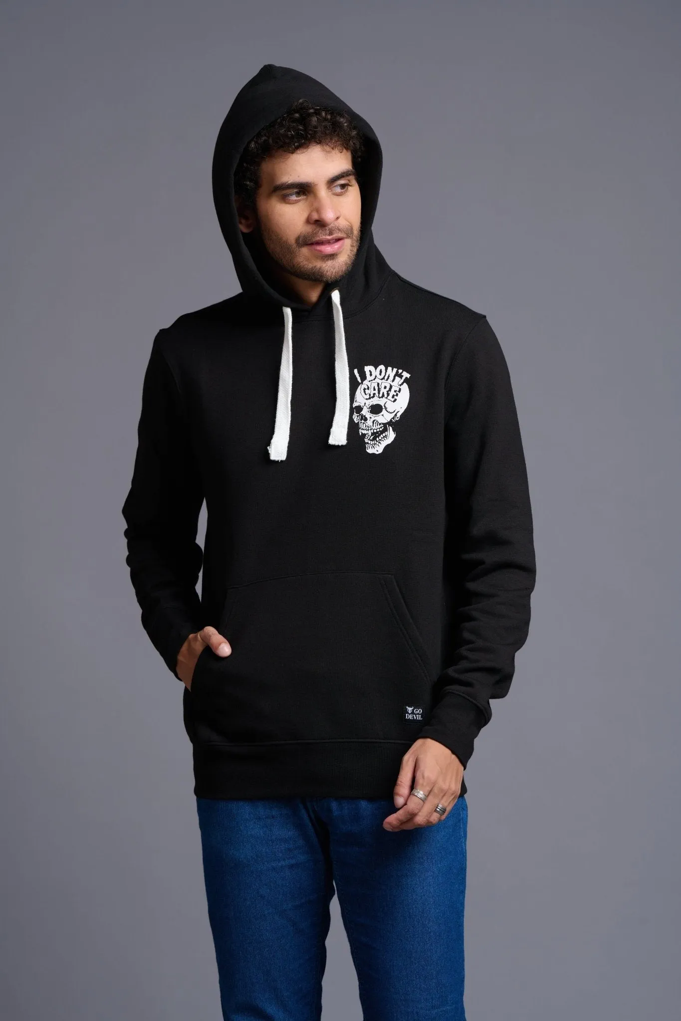 I Don't Care With Skull Printed Black Hoodie for Men