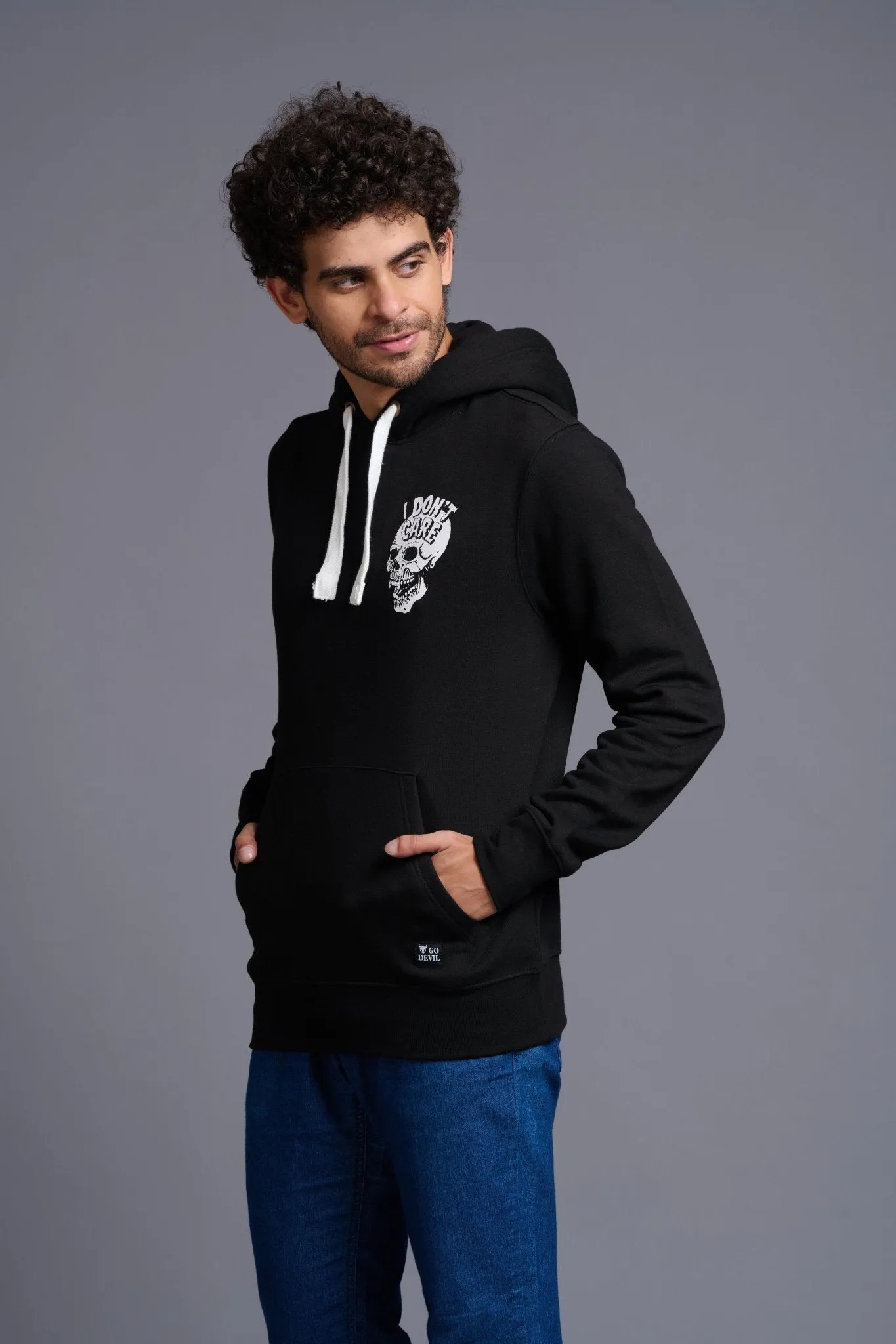 I Don't Care With Skull Printed Black Hoodie for Men