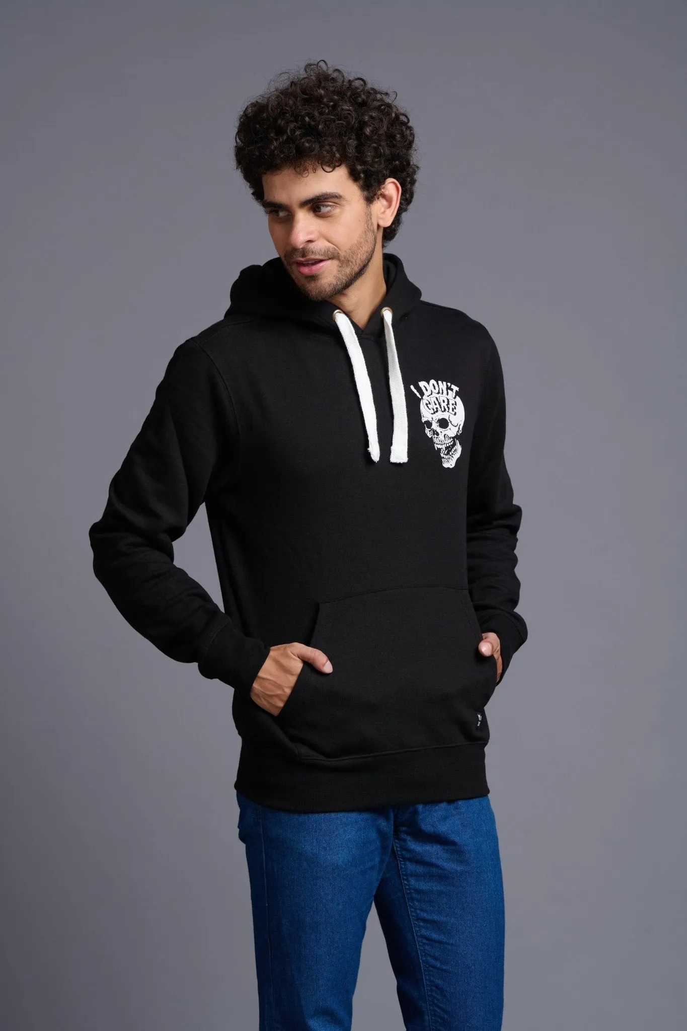 I Don't Care With Skull Printed Black Hoodie for Men