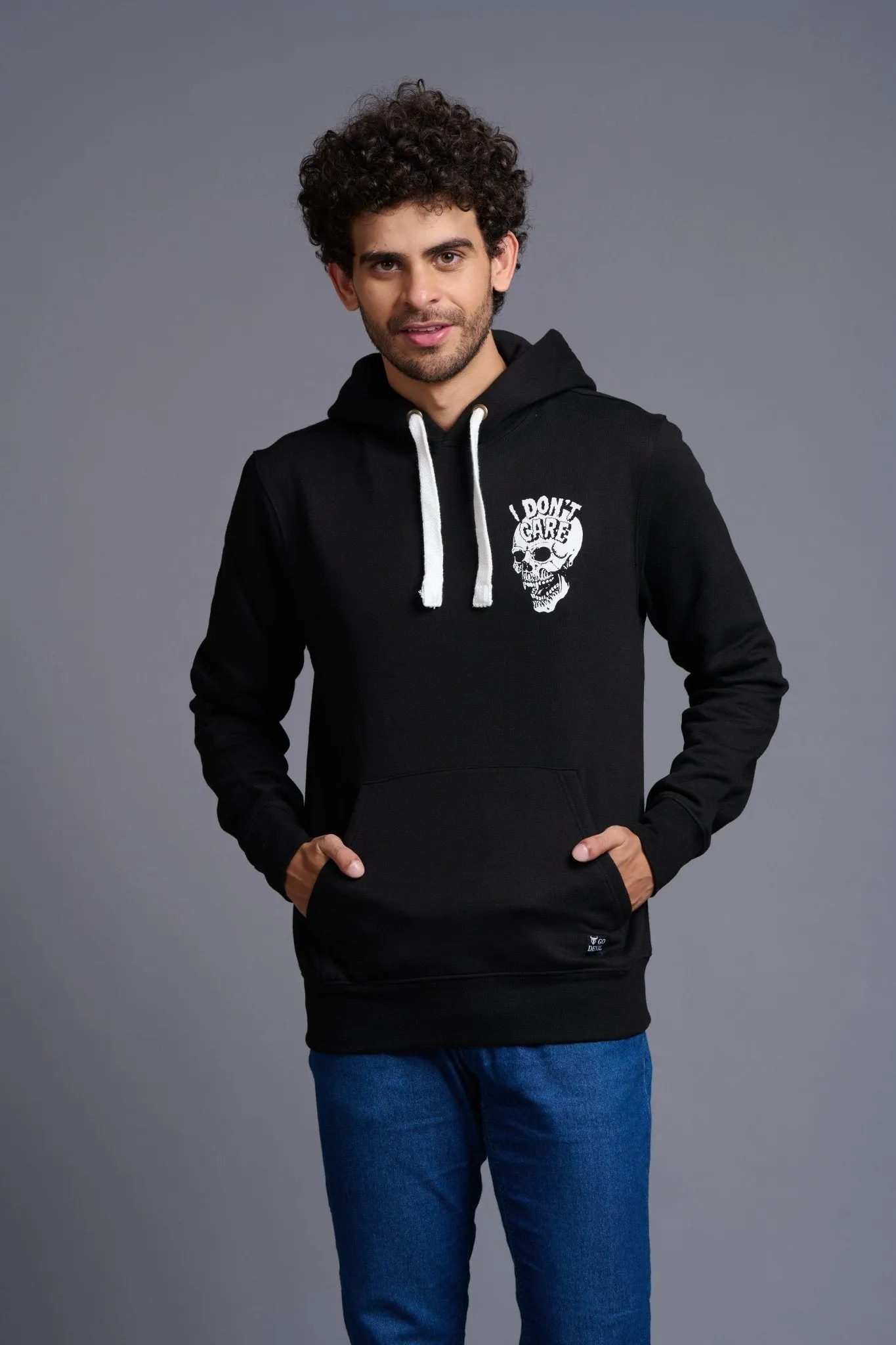 I Don't Care With Skull Printed Black Hoodie for Men