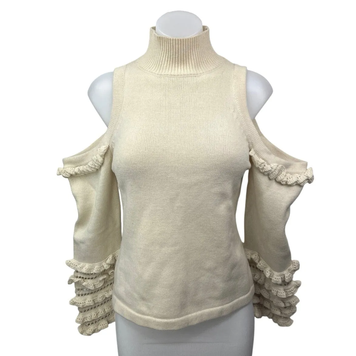 Jonathan Simkhai Cream Cold Shoulder Crochet Ruffle Turtleneck Sweater Top S