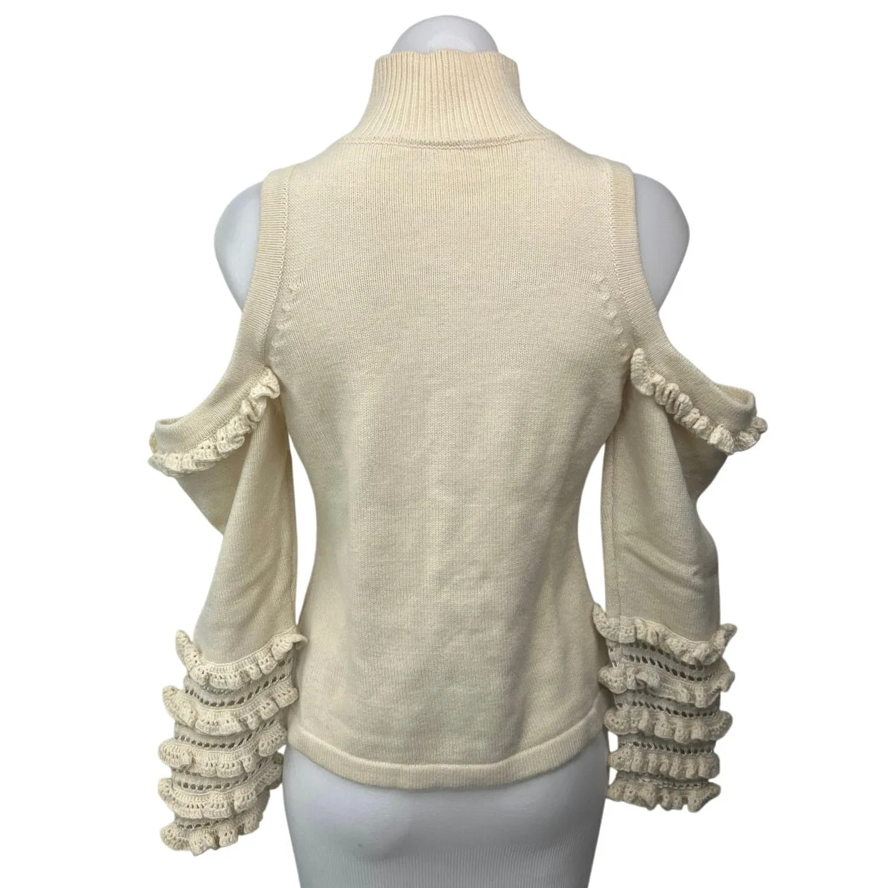 Jonathan Simkhai Cream Cold Shoulder Crochet Ruffle Turtleneck Sweater Top S