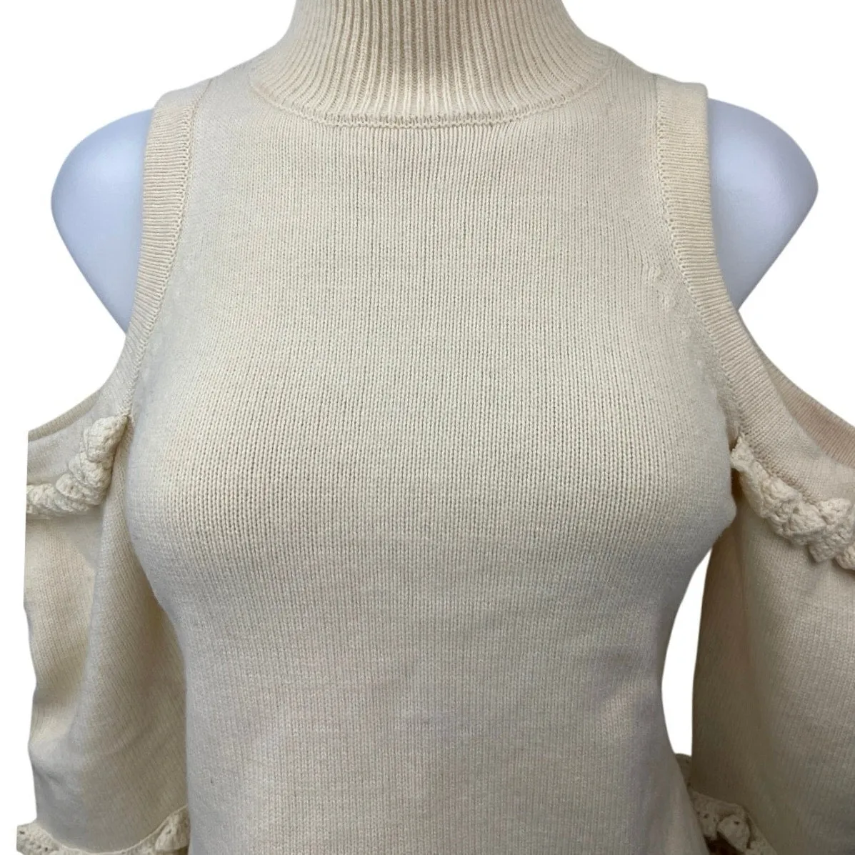 Jonathan Simkhai Cream Cold Shoulder Crochet Ruffle Turtleneck Sweater Top S