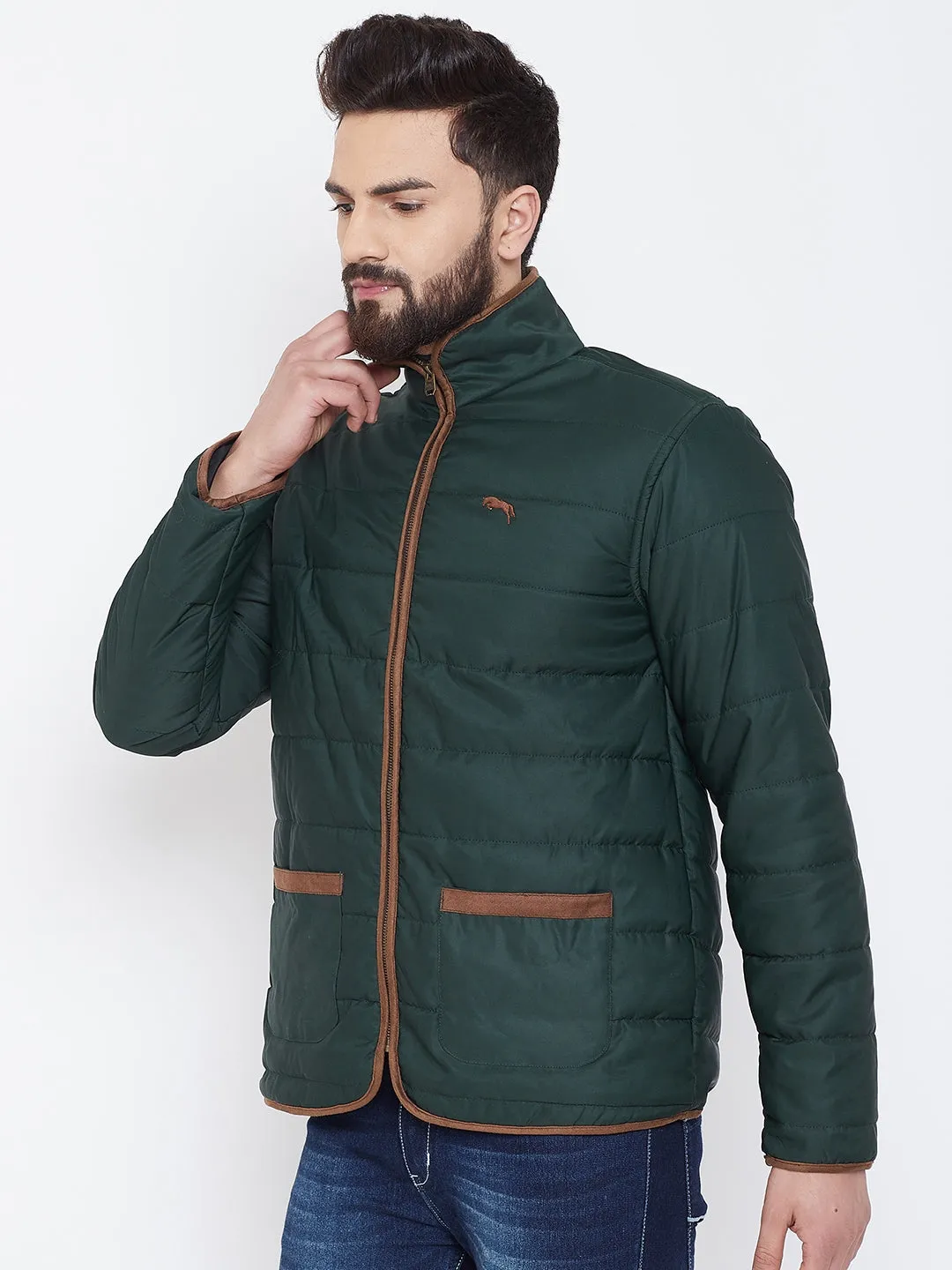 JUMP USA Men Green Solid Casual Quilted Jacket