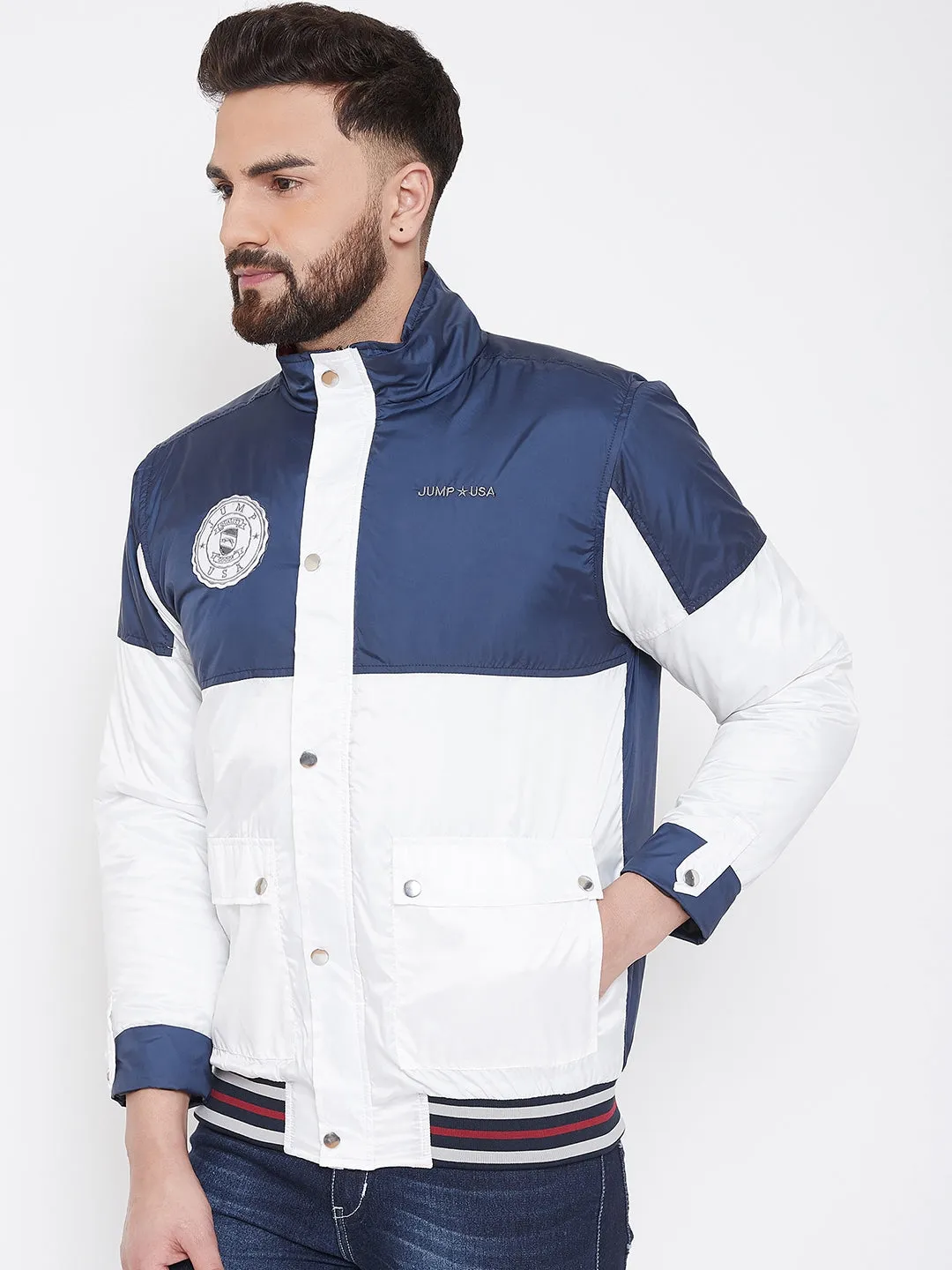 JUMP USA Men Navy Blue & White Colourblocked Casual Open Front Jacket