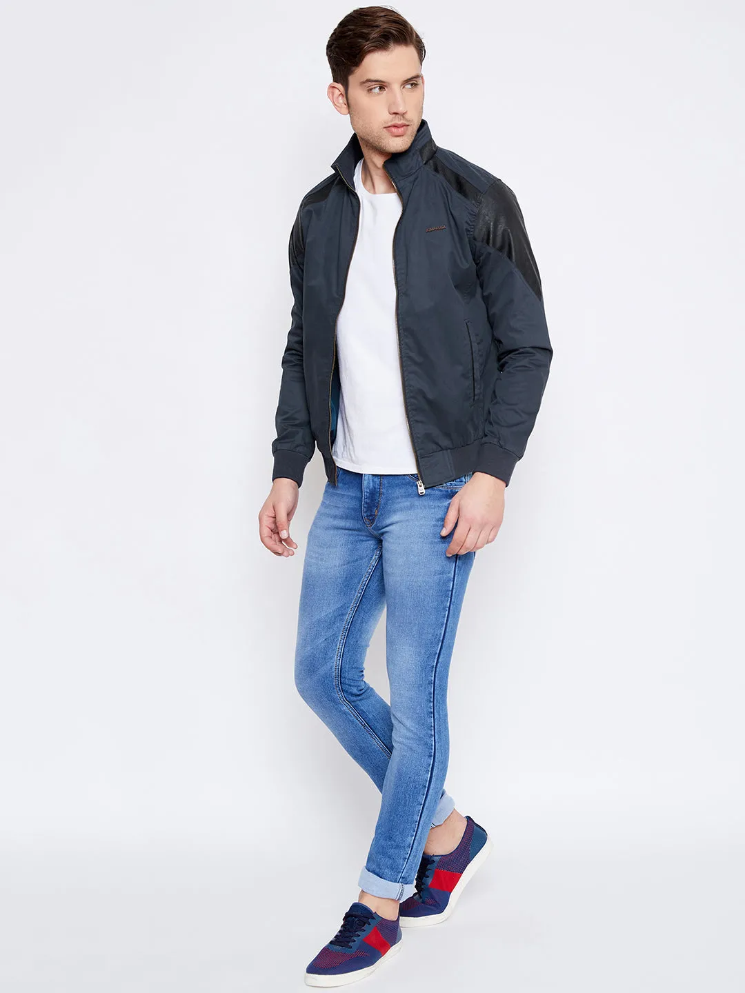 JUMP USA Men Navy Blue Solid Casual Bomber Jacket