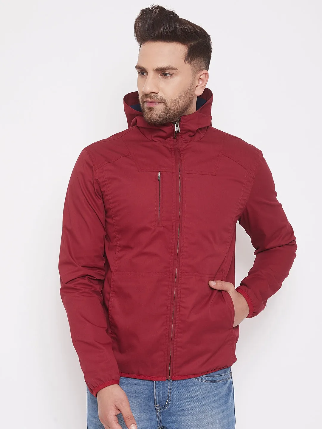 JUMP USA Mens Solid Red Hood Tailored Jacket