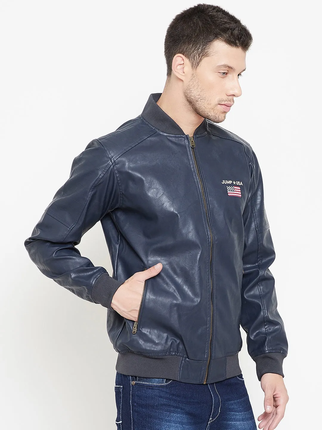 JUMP USA Navy Solid Casual PU Leather Varsity Jacket