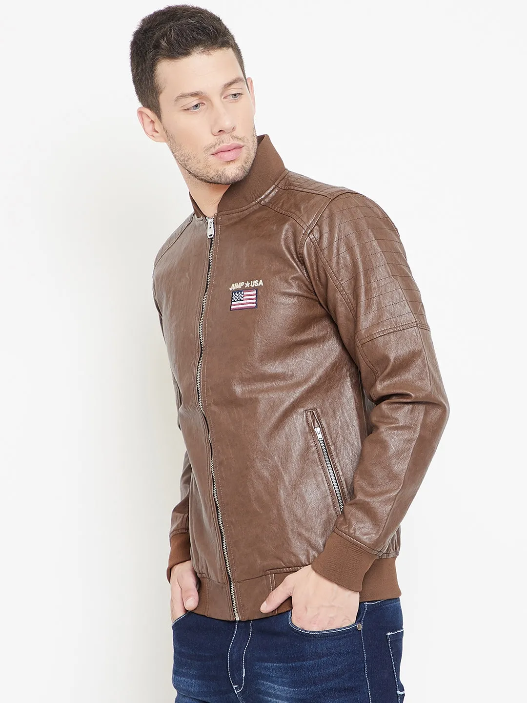 JUMP USA Tan Solid Casual PU Leather Varsity Jacket