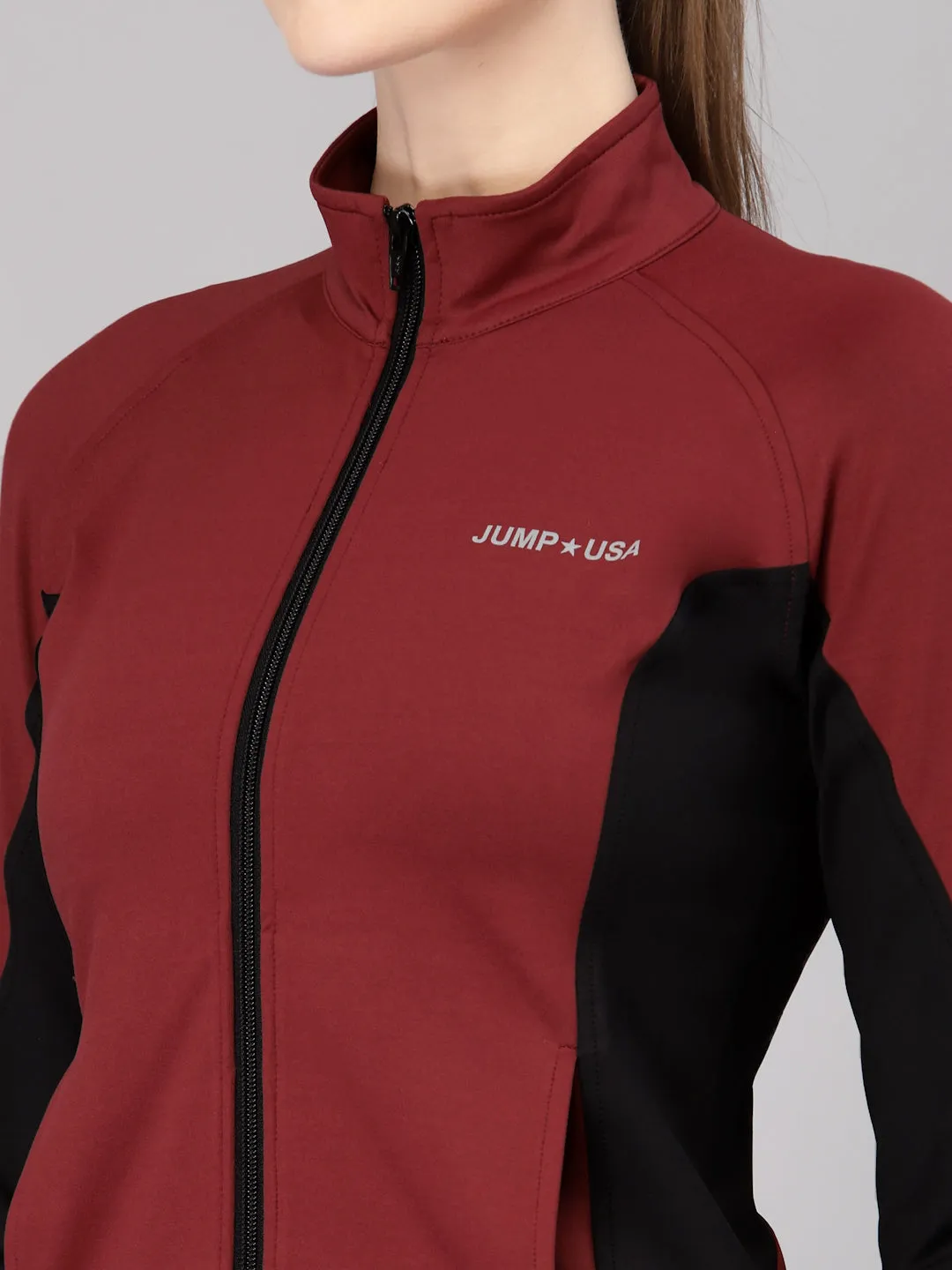 JUMP USA Women Maroon & Black Solid Polyester Hiking Jacket