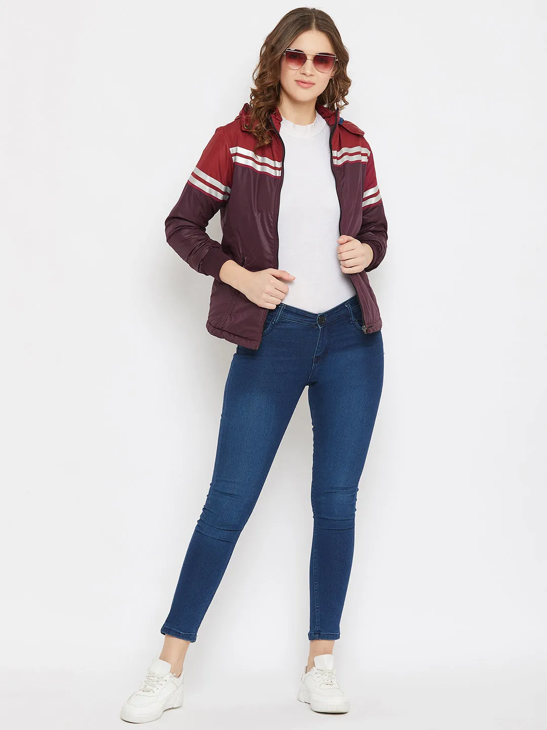 JUMP USA Women Maroon Colourblocked Bomber Jacket