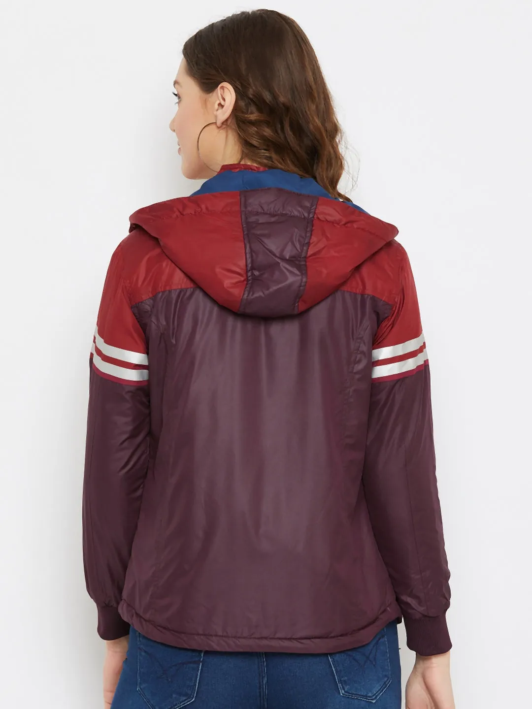 JUMP USA Women Maroon Colourblocked Bomber Jacket