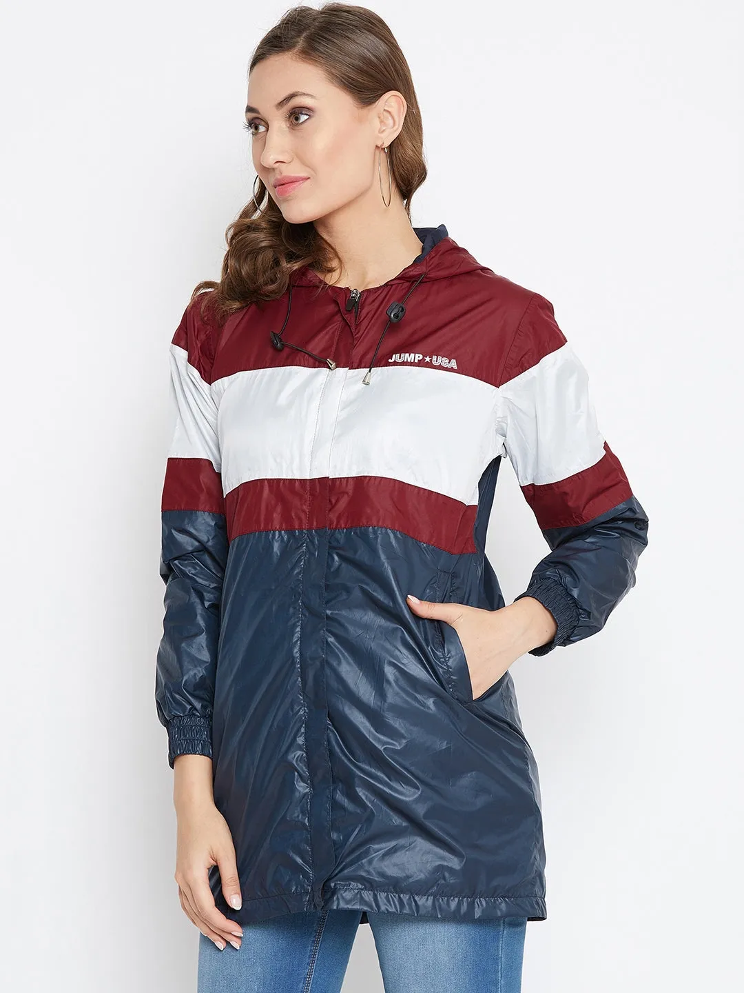 JUMP USA Women Navy Blue Colourblocked Windcheater Jacket