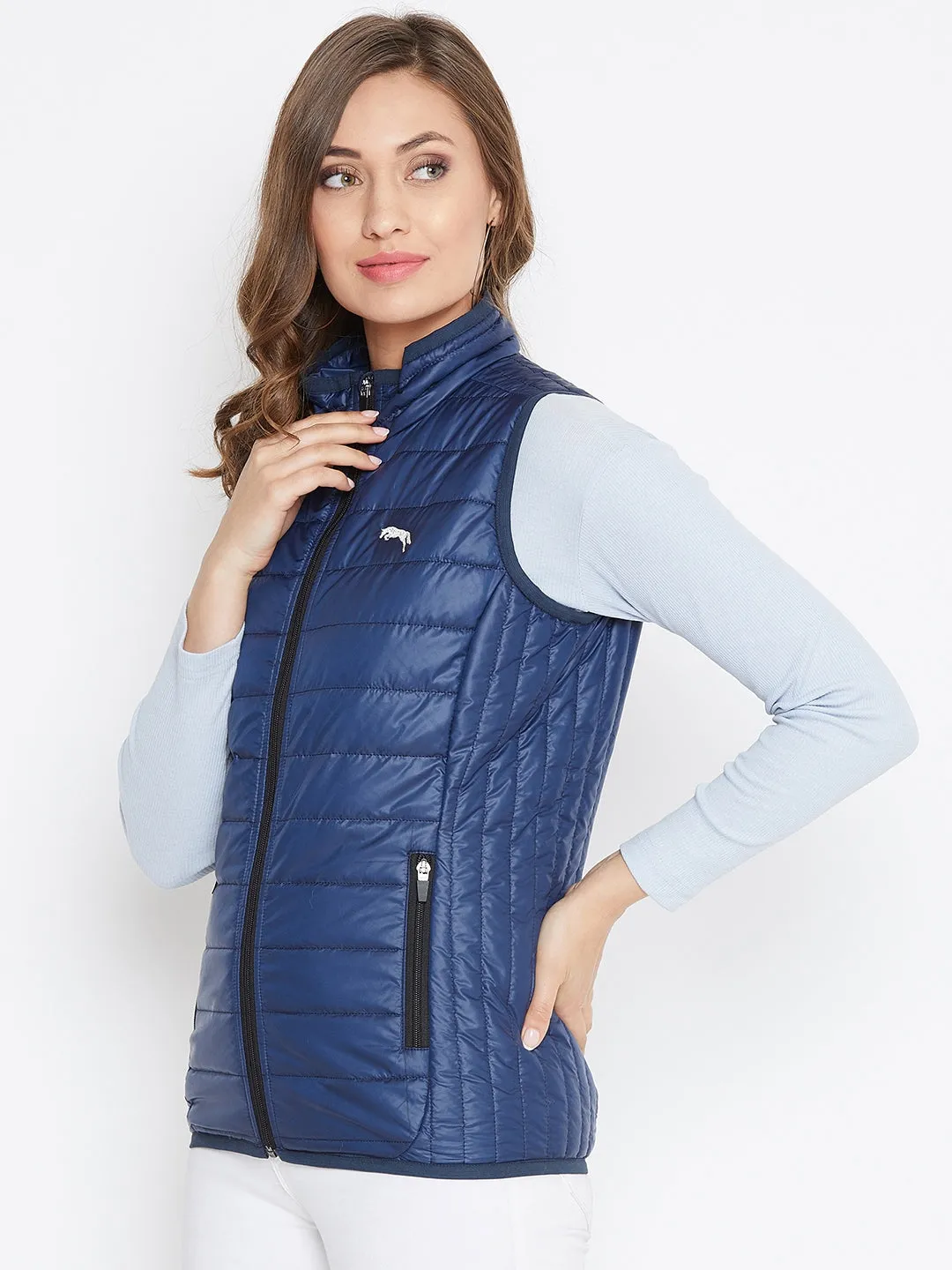 JUMP USA Women's Blue Sleeveless Solid Bomber Jacket