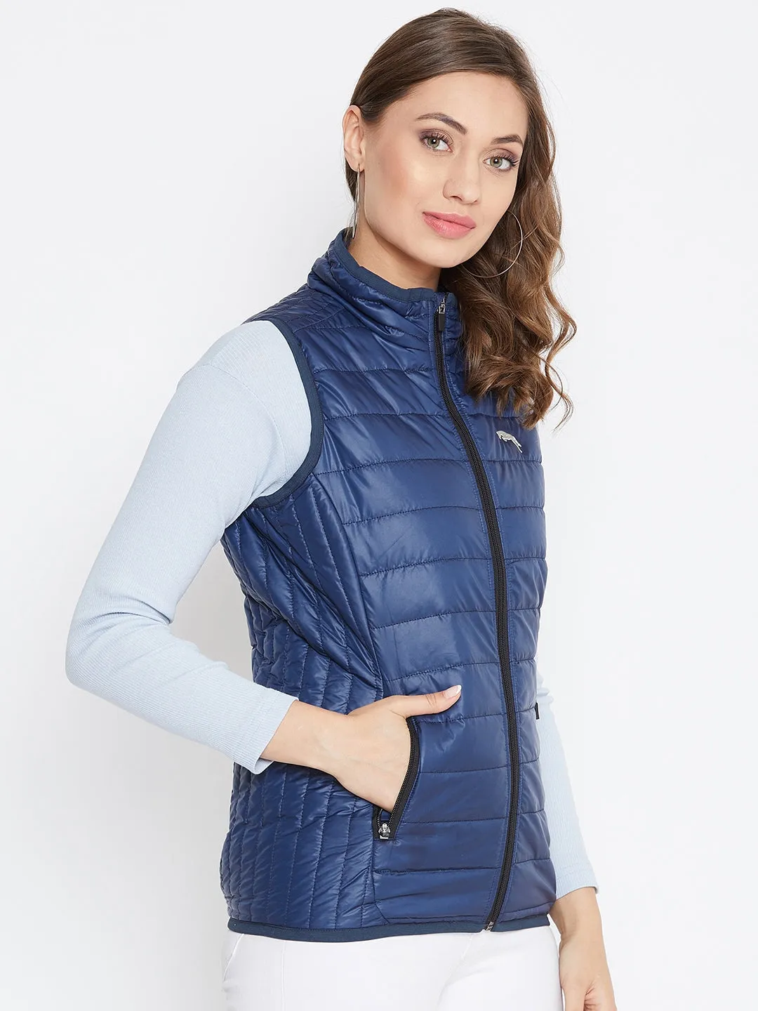 JUMP USA Women's Blue Sleeveless Solid Bomber Jacket