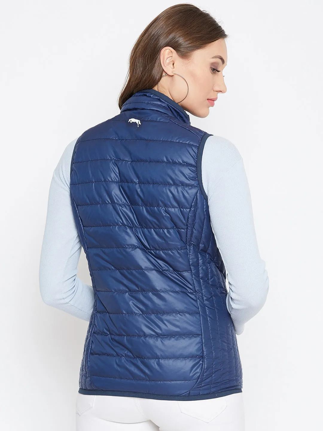 JUMP USA Women's Blue Sleeveless Solid Bomber Jacket