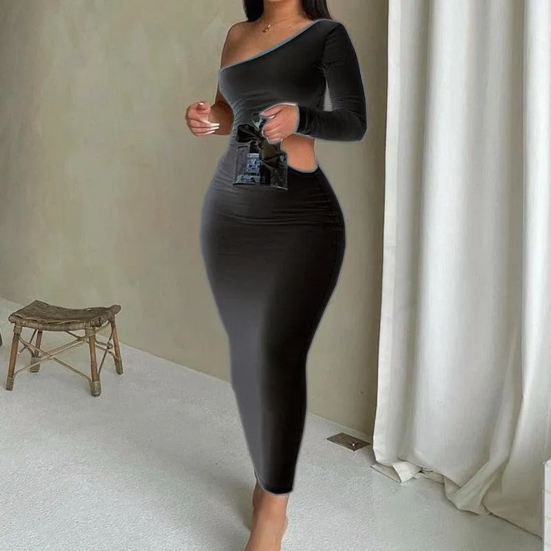 KGFIGU Sexy Party Strapless Black Long Sleeve Bodycon Dress