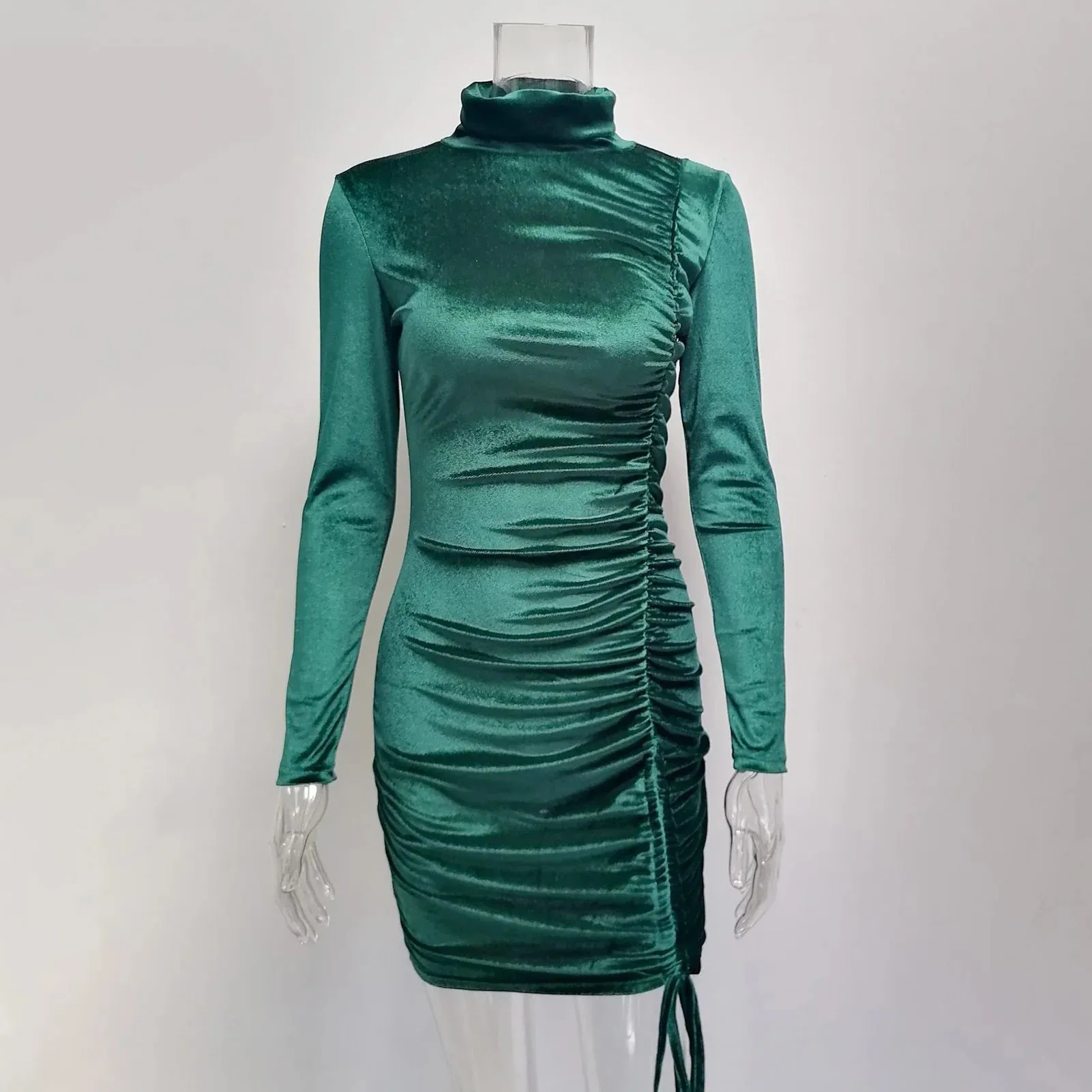 Long Sleeve Ruched Pure Sexy Streetwear Party Mini Dress