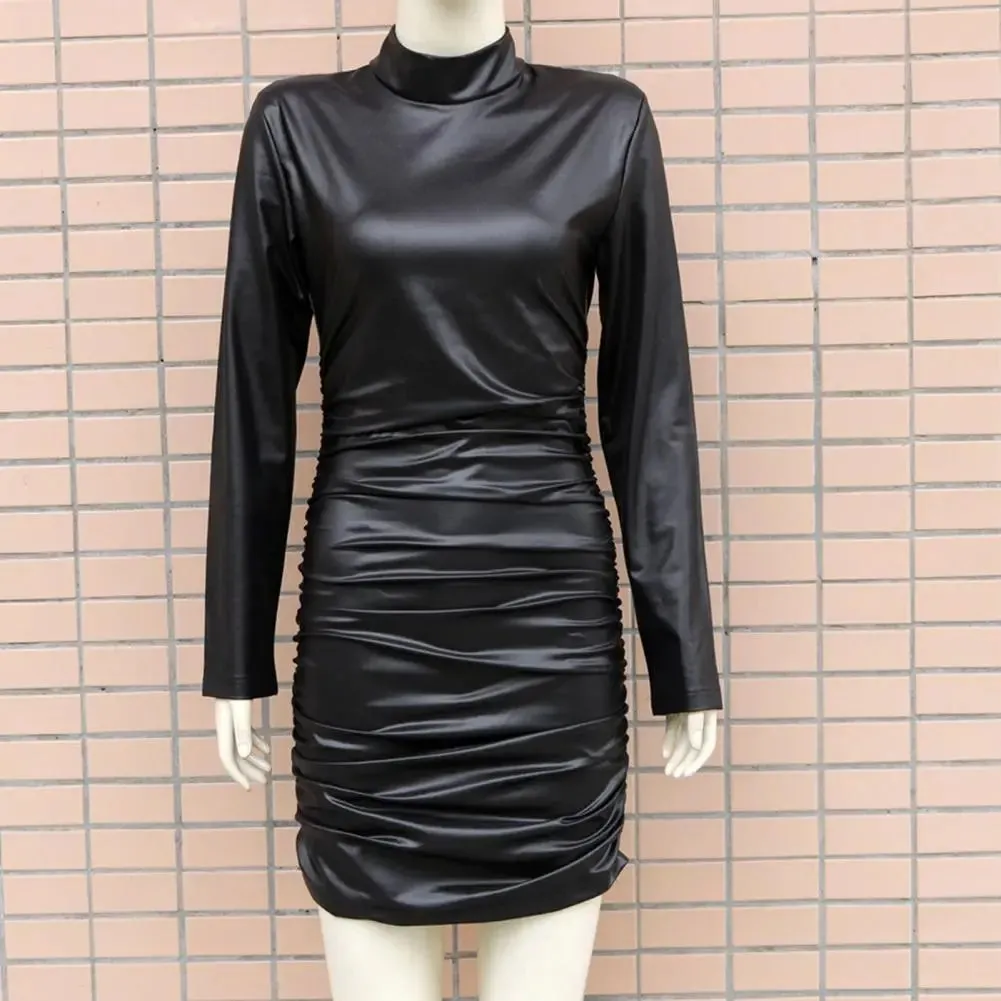 Long Sleeve Ruched Pure Sexy Streetwear Party Mini Dress