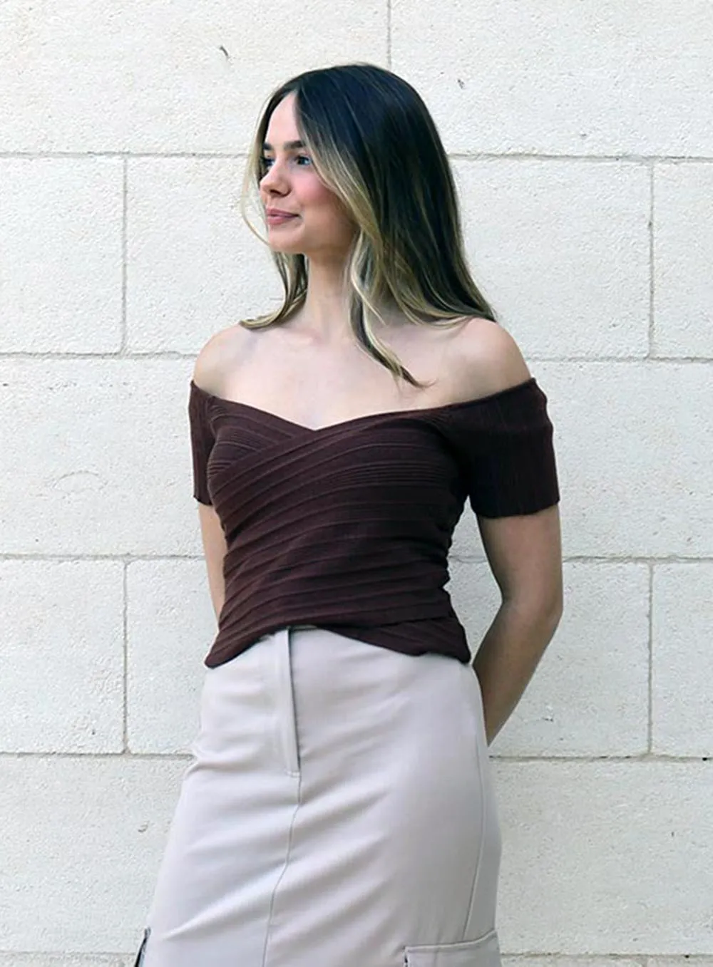 Margaret Off Shoulder Top-CHOCOLATE