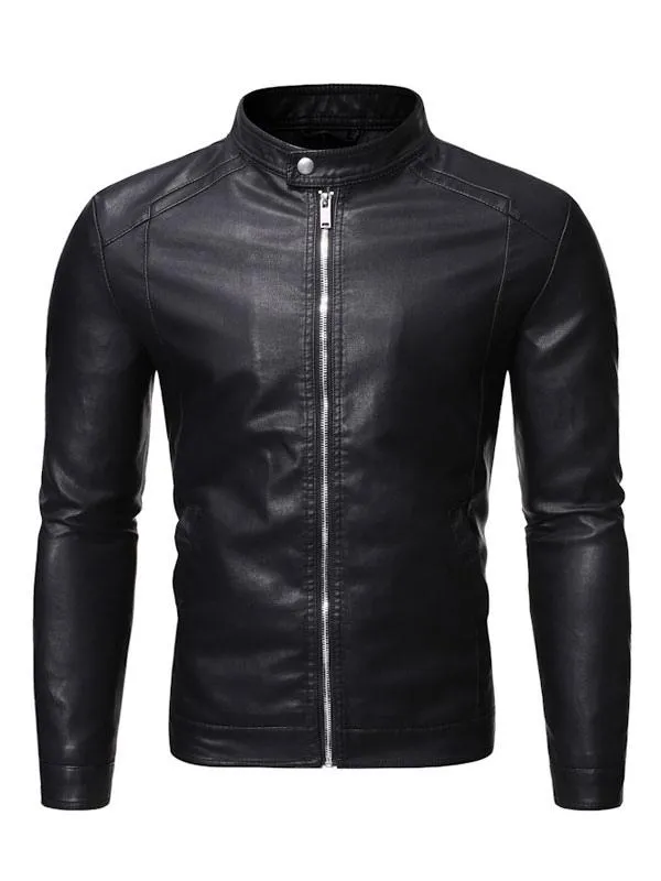 Men Leather Jacket Portrait Neckline Long Sleeves Casual Windbreaker Winter Black Stylish Coats