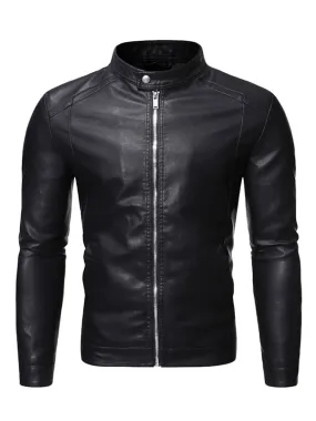 Men Leather Jacket Portrait Neckline Long Sleeves Casual Windbreaker Winter Black Stylish Coats