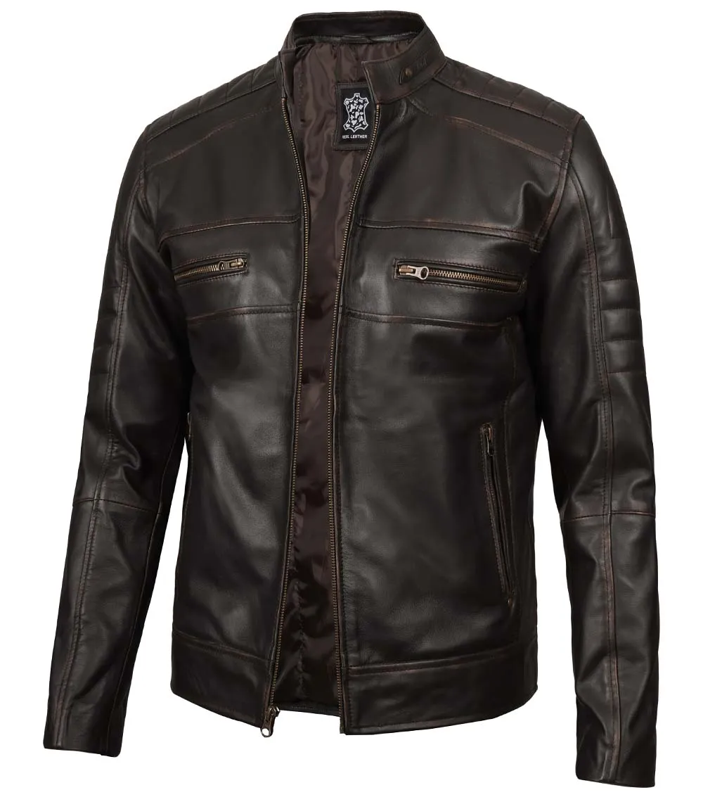 Men's Distressed Dark Brown Cafe Racer Real Leather Jacket