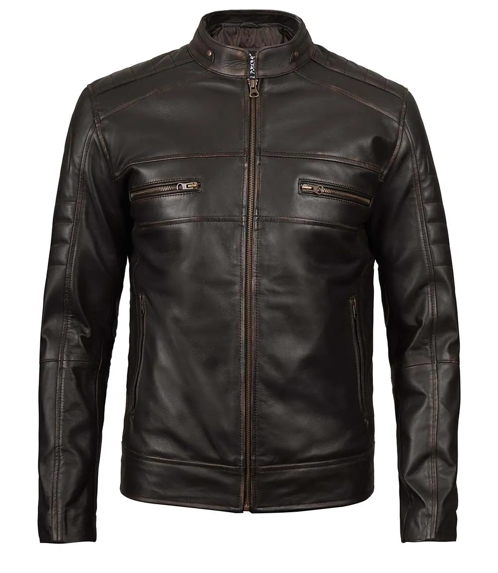 Men's Distressed Dark Brown Cafe Racer Real Leather Jacket