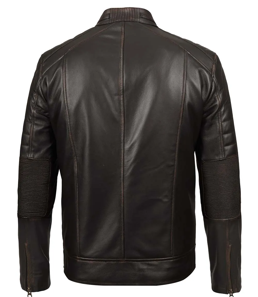 Men's Distressed Dark Brown Cafe Racer Real Leather Jacket