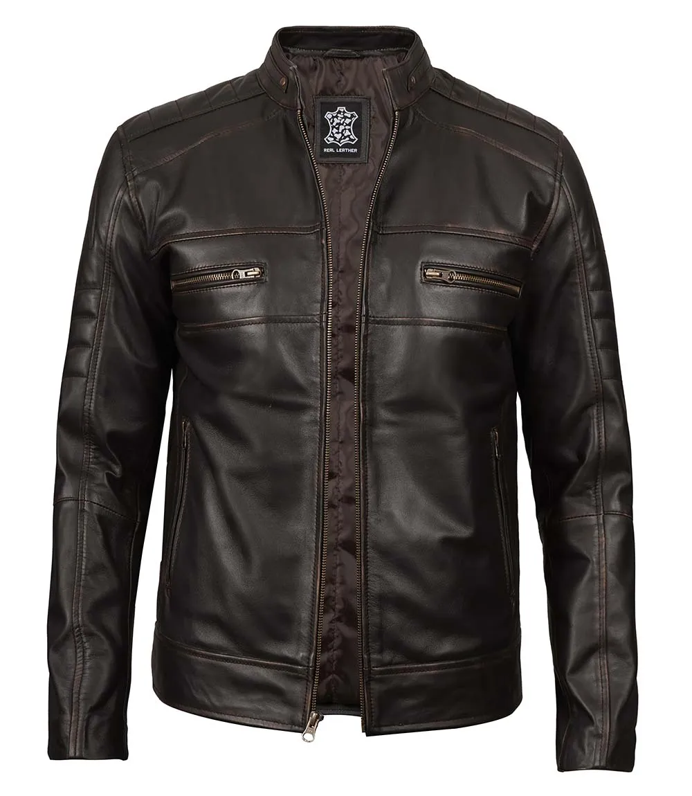 Men's Distressed Dark Brown Cafe Racer Real Leather Jacket