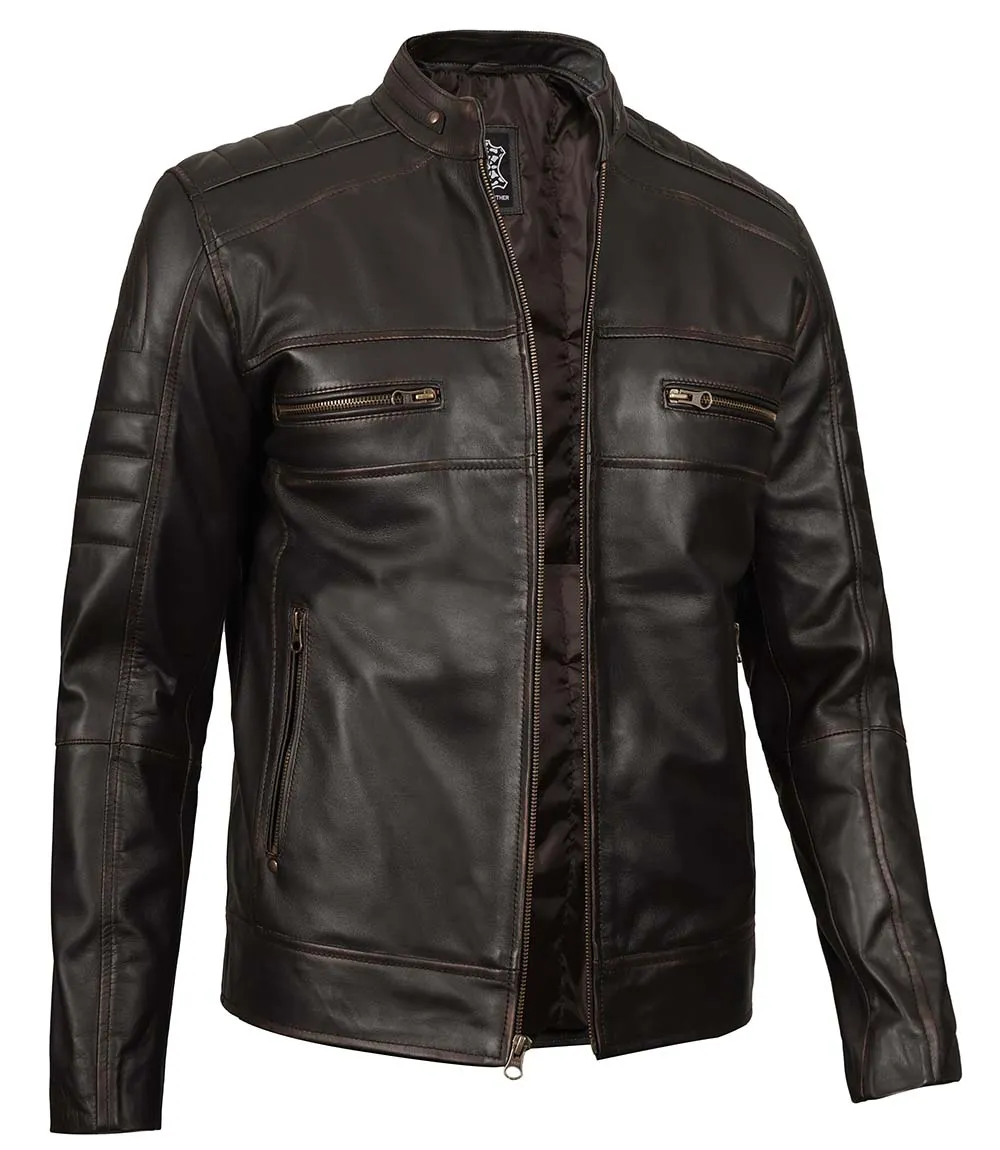 Men's Distressed Dark Brown Cafe Racer Real Leather Jacket