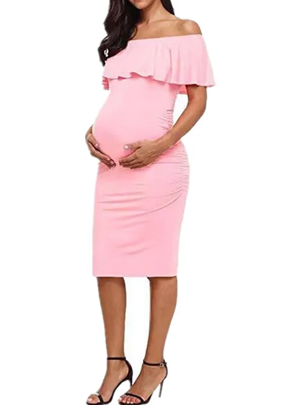 Momnfancy Ruffle Off Shoulder Baby Shower Fitted Maternity Midi Dress