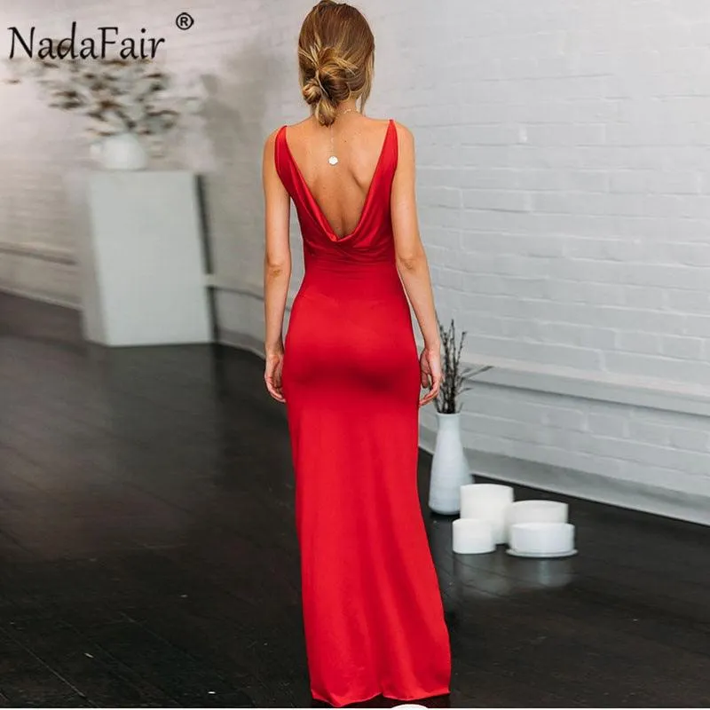 Nadafair  Backless Split Spaghetti Strap Bodycon Dress With V-Neck