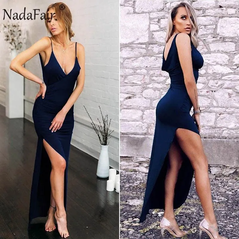 Nadafair  Backless Split Spaghetti Strap Bodycon Dress With V-Neck