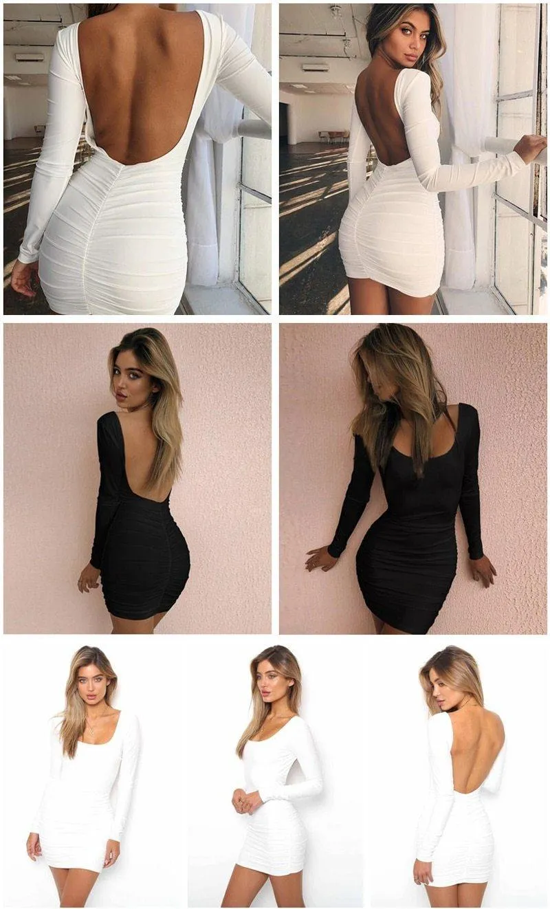 Nadafair Backless Wrap Bodycon Low Cut Sexy Club Dress Women White Black Long Sleeve Mini Party Dress