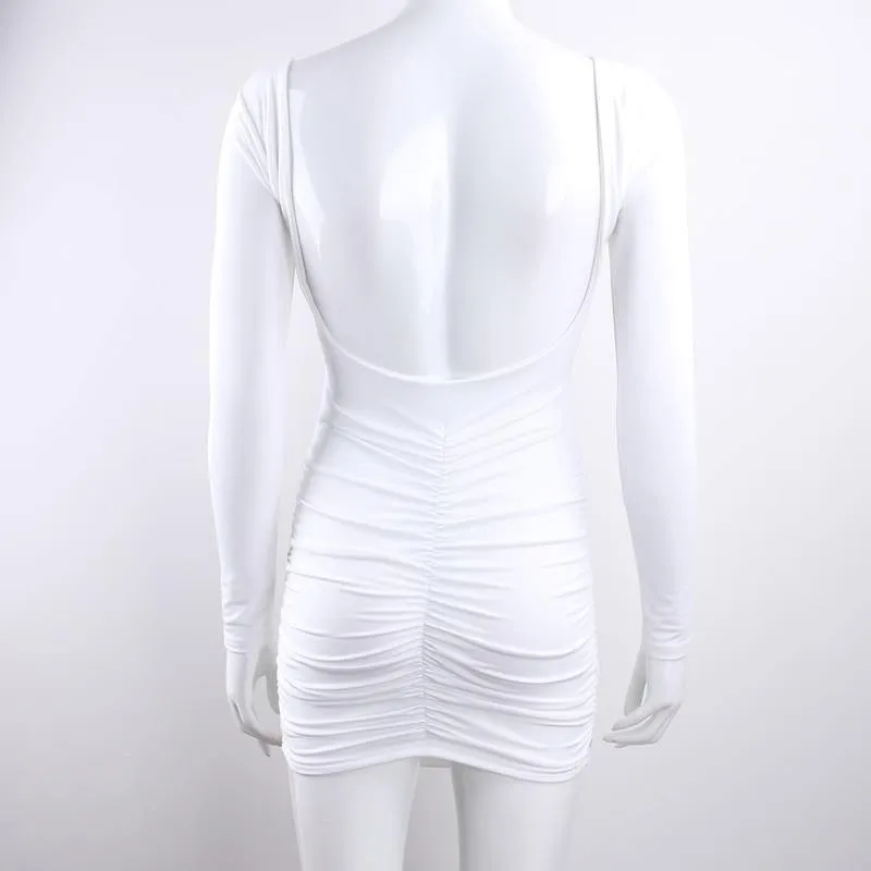 Nadafair Backless Wrap Bodycon Low Cut Sexy Club Dress Women White Black Long Sleeve Mini Party Dress