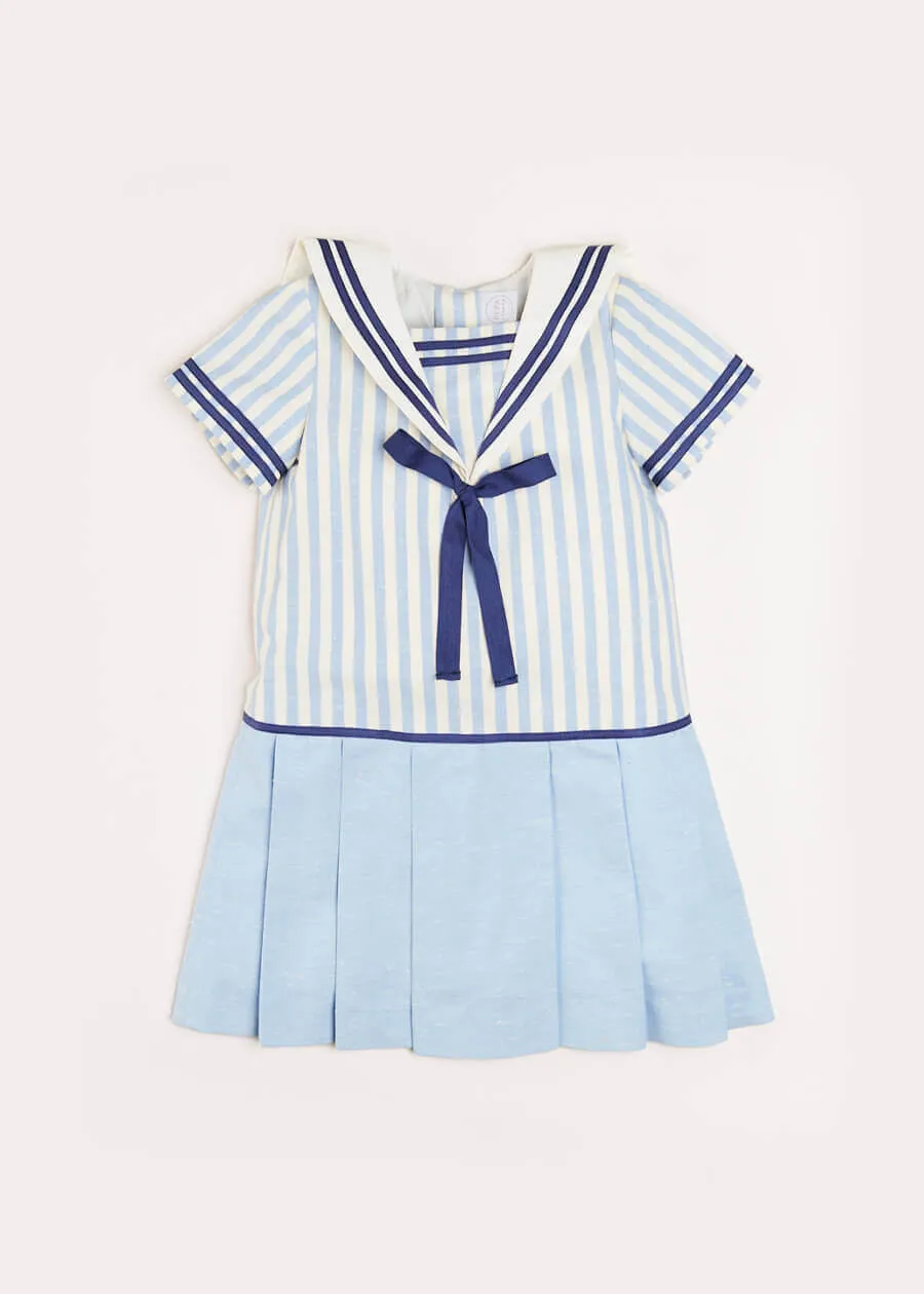 Nautical Striped Pleated Short Sleeve Mariner Dress in Blue (12mths-10yrs)